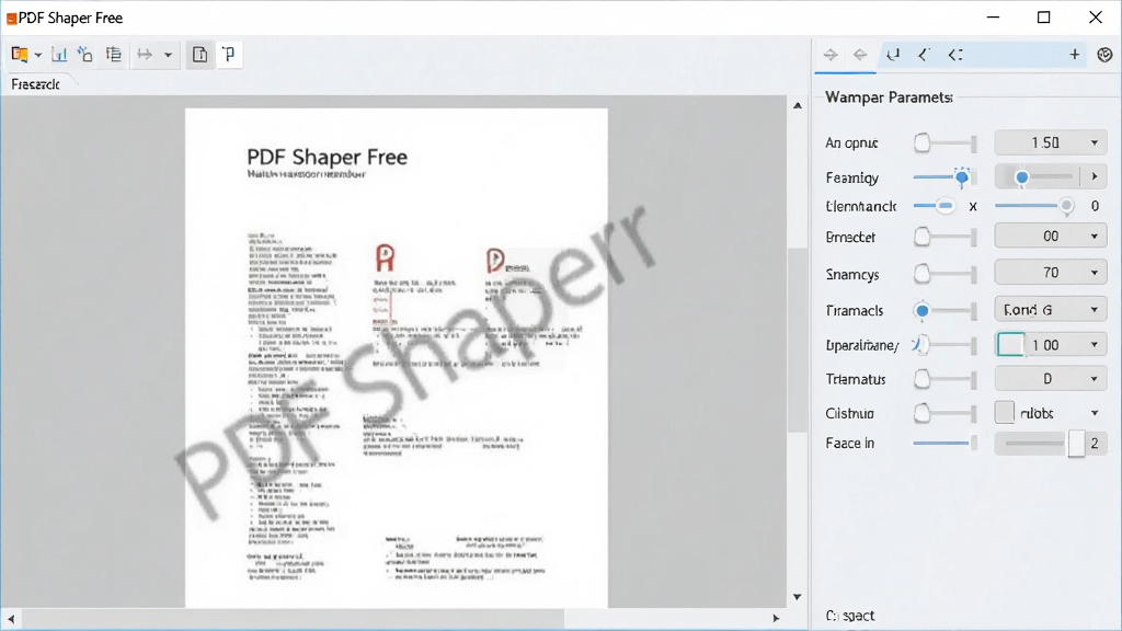 展示PDF Shaper Free水印添加过程,界面中有一份PDF文档预览,文档中央显示半透明的文字水印,右侧为水印参数调整面板,整体风格清爽,以浅色为主,画质清晰