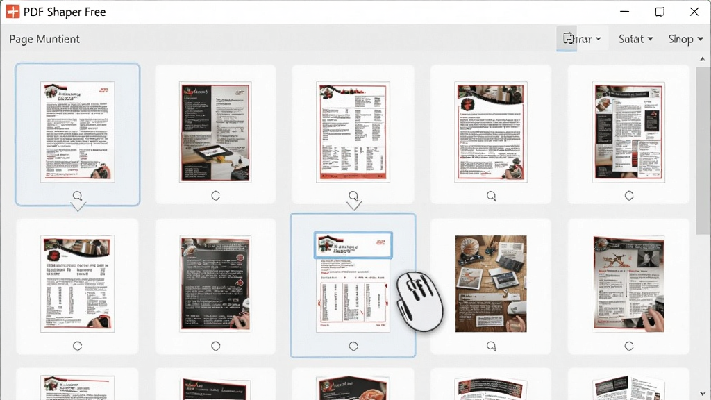 展示PDF Shaper Free的页面管理功能,屏幕中显示多个PDF页面缩略图,用户正用鼠标拖拽调整顺序,界面采用卡片式布局,底色为浅灰,缩略图清晰,操作流畅,整体风格干净专业