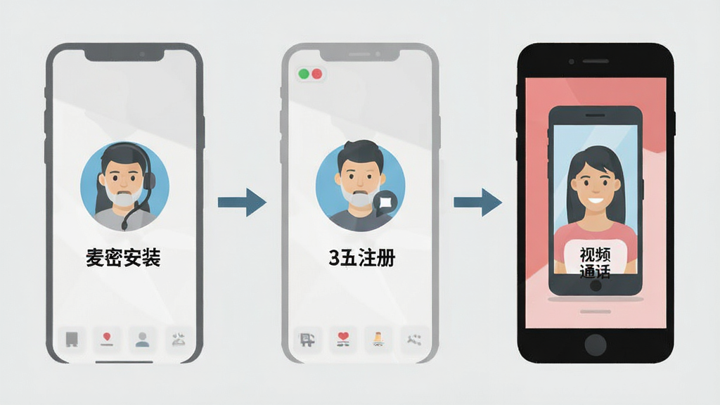 麦密撩视频交友聊天使用指南示意图,画面展示手机操作步骤,包括安装、注册、匹配、视频通话流程,以简洁图标和箭头串联,背景为浅灰色,风格扁平化,文字标注清晰,画质干净