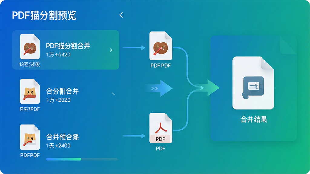 主体:“PDF猫分割合并”合并功能预览,多个PDF文件图标通过线条连接到右侧的“合并结果”文件。布局:左侧为文件列表,中间有箭头动画,右侧为输出预览。排版:列表式布局,每个文件有缩略图和文件名。风格:简洁科技感,蓝绿色渐变。细节:文件图标下方显示页数和大小,合并过程有进度条。画质:超清,干净,无多余元素。