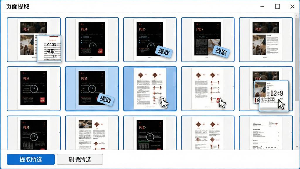 主体:软件“页面提取”界面,显示一个PDF文档的页面缩略图网格,其中几页高亮显示并带有“提取”标签。布局:页面以九宫格形式展示,底部有“提取所选”“删除所选”按钮。排版:网格布局,缩略图清晰可见。风格:简洁实用,白底蓝框。细节:鼠标悬停时页面放大显示页码。画质:高清,干净,无多余元素。