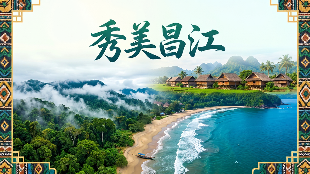 画面主体为“秀美昌江”APP开屏界面,中央显示昌江霸王岭热带雨林与棋子湾碧海银沙的交汇景观,远处是黎族船型屋村落。布局采用上下分割构图,上方为软件名称“秀美昌江”艺术字,下方为自然风景实景融合。排版以居中对称式设计,风格清新明亮,色彩以翠绿、湛蓝、暖黄为主,细节呈现雨林云雾、海浪波纹、黎锦纹样装饰边框。画质为高清4K,干净无多余元素,突出“山海黎乡”主题。