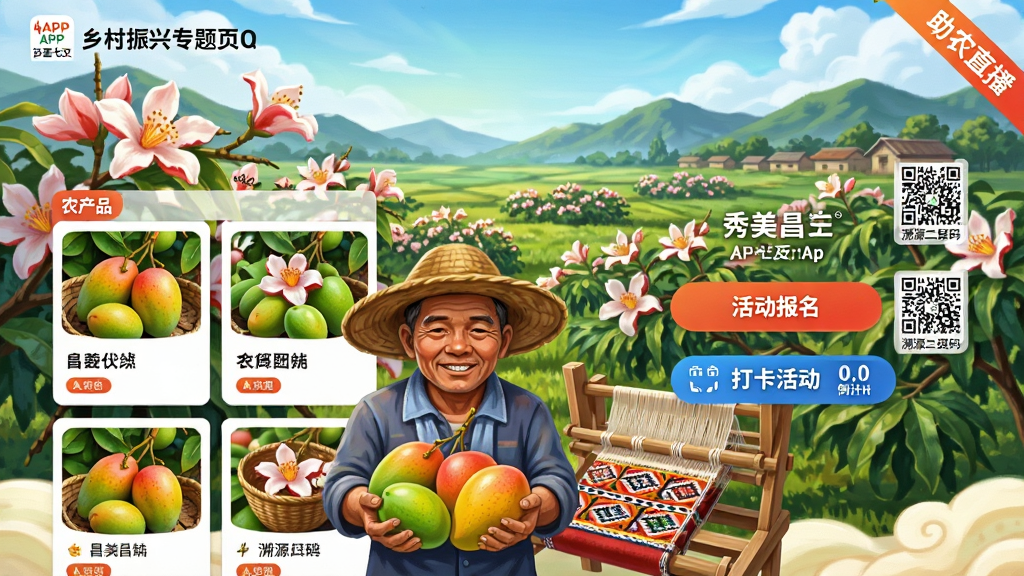画面主体为“秀美昌江”APP乡村振兴专题页,背景为昌江七叉镇木棉花盛开的田野,前景是农民手持新鲜芒果与黎锦织机。布局采用横屏全屏展示,左侧为农产品卡片,右侧为活动报名按钮,风格为乡村田园风插画,色彩丰富鲜艳,细节包括“助农直播”角标、“溯源二维码”图标、“打卡活动”倒计时。画质高清,干净无多余元素。