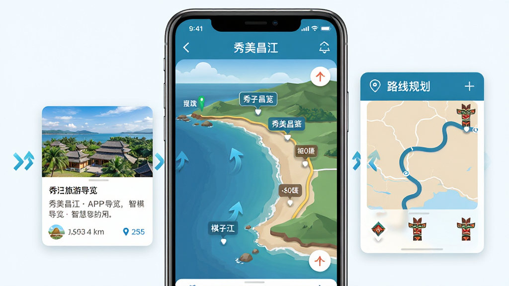 画面主体为智能手机屏幕展示“秀美昌江”APP旅游导览界面,屏幕中呈现棋子湾海岸线3D地图与景点标签。布局为手机居中特写,左侧悬浮景点介绍卡片,右侧为路线规划浮窗。排版采用扁平化UI风格,主色调为海蓝与沙滩米色,细节包括海浪动态箭头、距离公里数、黎族图腾图标。画质干净清晰,无多余元素,文字标注“秀美昌江智慧导览”。