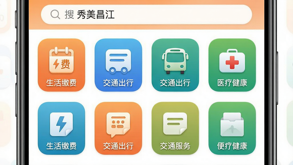 画面主体为手机界面展示“秀美昌江”APP便民服务功能区,图标网格排列。布局为6x4宫格样式,每个图标配圆角背景色,风格为轻拟物化设计,色彩采用渐变橙、蓝、绿区分不同服务类别,细节包括“生活缴费”水电费图标、“交通出行”公交图标、“医疗健康”十字图标。画质干净无多余元素,顶部搜索栏显示“秀美昌江”字样。