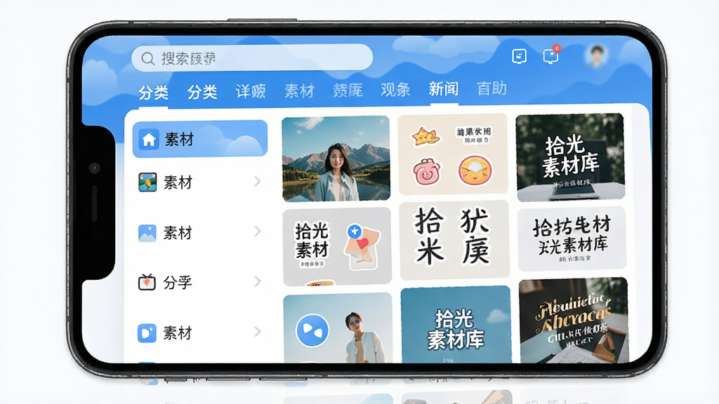���壺�ֻ�����չʾʰ���زĿ�APP����ҳ��������������ͷ��ർ���������֣����Ϊ�زķ����б����Ҳ�Ϊ�ٲ���ʽ�ز�����ͼԤ���������Ű�����������ִ���ƽ����ƣ�ɫ������������������Ϊ����ϸ�ڣ���Ļ����ʾ��ʰ���زĿ⡱�������ز�����ͼ����ͼƬ����ֽ����������ͣ�ͼ�꾫�¡����ʣ����壬�ɾ����޶���Ԫ�ء�