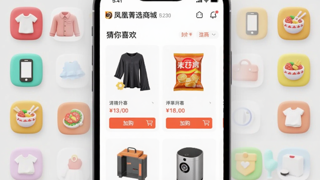 ��������Ϊһ���ֻ�APP�����ͼ����ʾ�����ݼѡ�̳ǡ��ġ�����ϲ������Ʒ�Ƽ���飬�������Ρ���ʳ��С�ҵ�ȶ����Ʒ��Ƭ��ÿ����Ʒ�·��м۸�͡��ӹ�����ť�����沼�����롣��Χ�����Ŵ�����ͬƷ��Ĳ�ɫͼ�꣬���·����ֻ�����ʳ�ȣ�����Ϊǳ��ɫ�����Ϊ�ִ�3D��Ⱦ�磬ϸ�����������ʸɾ����޶���Ԫ�ء�
