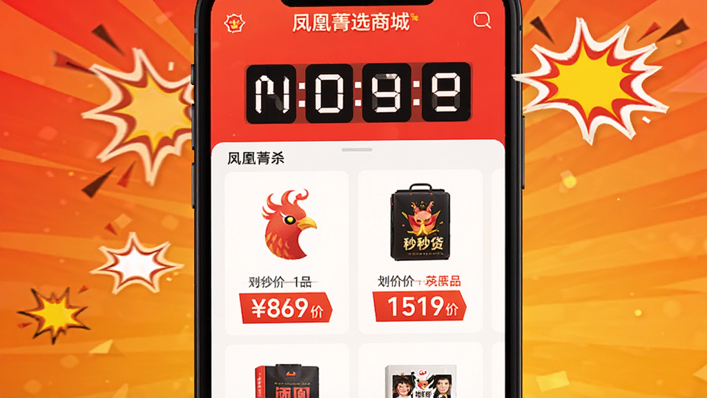 ��������Ϊһ���ֻ�APP���棬չʾ�����ݼѡ�̳ǡ�����ɱƵ����ҳ���Ϸ��е���ʱ���֣��·������Ŷ��������ɱ����Ʒ����Ʒ���л��߼ۺ���ɱ�ۣ��۸�Ա���Ŀ������Ϊ���ɫ���䣬���б�ը��ֽЧ�������Ϊ���������磬���ʸ��壬�޶���Ԫ�ء�