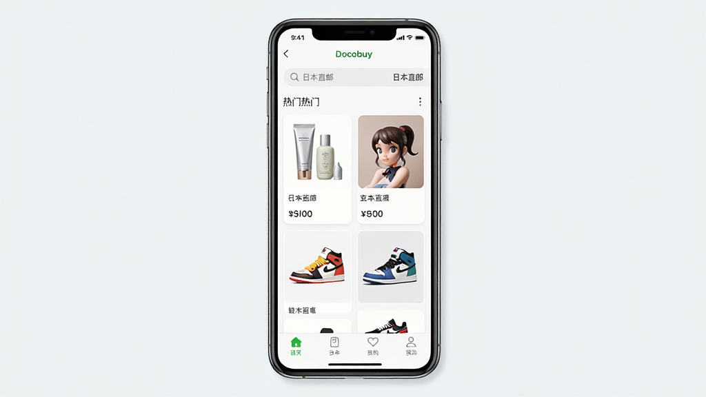 ����Ϊһ�������ֻ���Ļ��ʾDocobuyAPP�����棬��������ʽ��Լ�����֣��Ϸ����������͡��ձ�ֱ�ʡ��������в���������Ʒ�ٲ���������ҩױ���ְ졢��Ь�ȿ�Ƭ���ײ�Ϊ��������������������Ϣ�㼶�������Ű���ÿ�Ƭʽ��ƣ�������ɾ�������ϸ�ڰ�����Ʒ�۸�����ı�ǩ�����ʸ��壬�ɾ��޶���Ԫ��