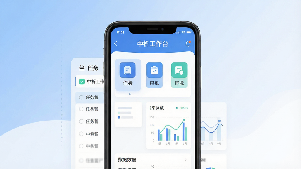 一幅现代扁平化风格的主视觉图,前景是一部智能手机,屏幕中显示“中析工作台”应用界面,界面包含任务列表、审批图标、数据图表等元素,背景为柔和的蓝白渐变,整体布局居中,风格简洁科技感,细节丰富,画质干净无多余元素