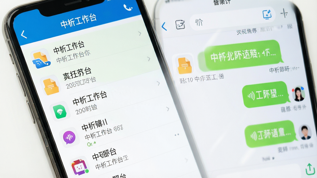一张手机聊天界面图,显示“中析工作台”的会话列表和聊天窗口,包含文件传输、语音消息等图标,背景为白色,风格简洁清爽,细节真实,画质高清