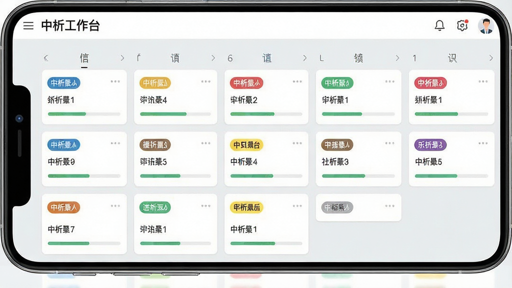 一张手机应用截图风格的图片,显示“中析工作台”的任务看板界面,多列任务卡片按状态排列,卡片上带有彩色标签和进度条,背景为浅灰色,画面干净整齐,风格简洁商务,文字清晰,画质高清