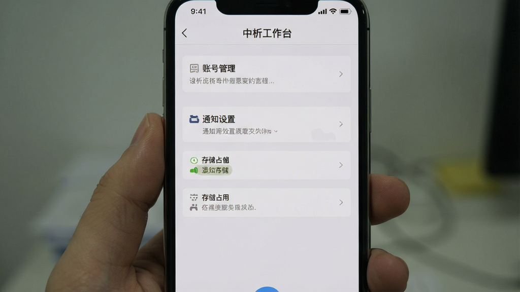 一幅手机截图风格图片,显示“中析工作台”的设置页面,包含账号管理、通知设置、存储占用等选项,背景为浅灰色,风格简洁,细节真实,画质干净