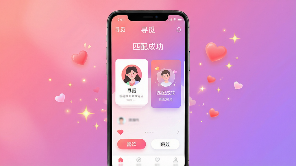 主体:一款名为“寻觅”的手机交友App界面,手机屏幕展示用户资料卡片和匹配成功动画,背景为温馨的渐变粉色与紫色,周围有爱心和火花特效。布局:手机居中,屏幕内容清晰可见,卡片式布局,下方有“喜欢”和“跳过”按钮。排版:现代简约,信息层级分明。风格:清新社交风,明亮通透。细节:屏幕显示“寻觅”Logo和“匹配成功”字样,画面干净无多余元素。画质:高清渲染,柔和光影。