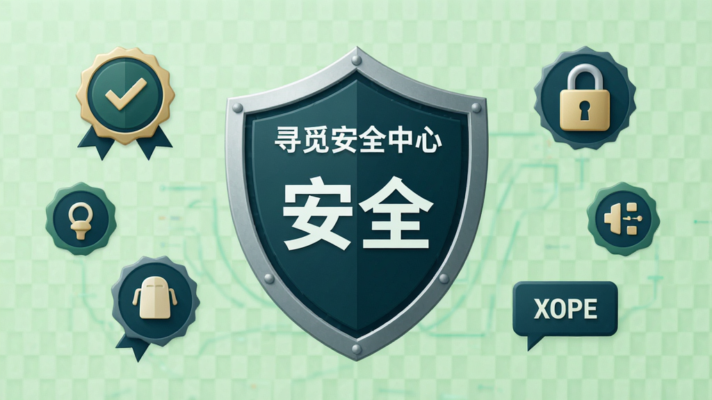 主体:盾牌图标中央带有“安全”文字,周围环绕认证徽章、隐私锁、举报按钮等元素,背景为浅绿色。布局:盾牌居中,图标环绕排列。排版:对称式布局,色彩沉稳。风格:科技安全风。细节:盾牌上写有“寻觅安全中心”,背景有细微网格纹理。画质:高清,干净无多余元素。