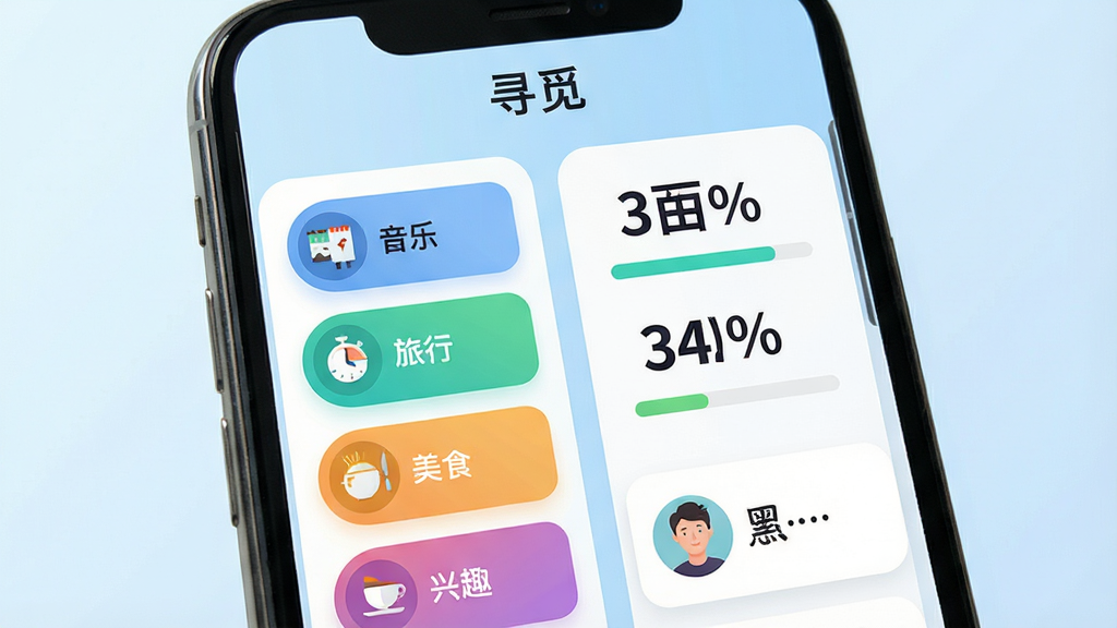 主体:智能手机屏幕展示“寻觅”App的兴趣匹配界面,左侧列表显示音乐、旅行、美食等兴趣标签,右侧为匹配度百分比和用户头像。布局:左右分栏,图标与文字结合。排版:卡片式排列,色彩明快。风格:现代扁平化设计。细节:屏幕上方有“寻觅”字样,匹配度数字醒目,背景为淡蓝色渐变。画质:高清,干净无多余元素。