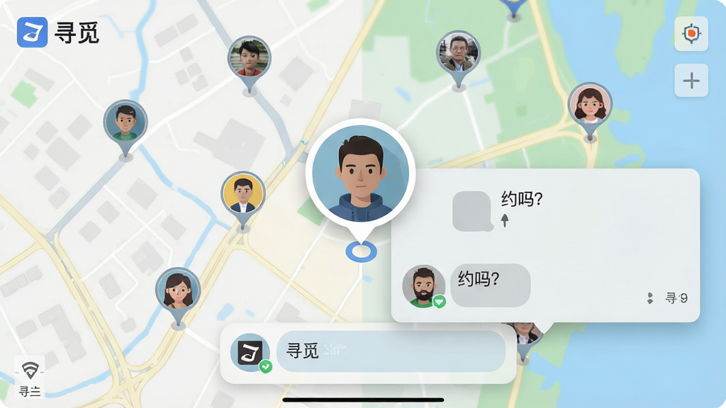 主体:地图界面显示多个用户头像标记,其中一个头像被放大并弹出聊天窗口,展示“寻觅”App的同城互动功能。布局:地图铺满屏幕,聊天窗口悬浮于下方。排版:简洁直观,突出位置信息。风格:写实与扁平结合。细节:地图上标注“寻觅”字样,聊天窗口显示“约吗?”消息,背景为浅灰色。画质:高分辨率,干净无多余元素。