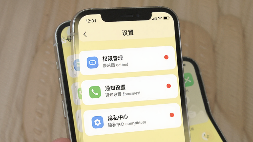 主体:手机屏幕显示“寻觅”App的设置页面,包含权限管理、通知设置、隐私中心等选项,背景为浅黄色。布局:列表式排列,图标加文字。排版:清晰简洁。风格:扁平化。细节:屏幕顶部有“设置”标题,部分选项旁有红色小圆点提醒。画质:干净无多余元素。