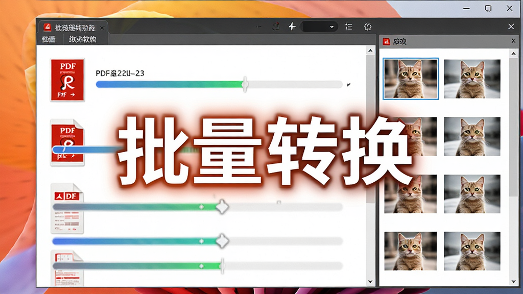 展示PDF猫PDF转图片软件批量处理界面,多个PDF文件拖拽到窗口中,进度条并行推进,右侧显示转换成功的图片缩略图,画面动感,色调明快,突出“批量转换”文字,细节精致,干净无杂物