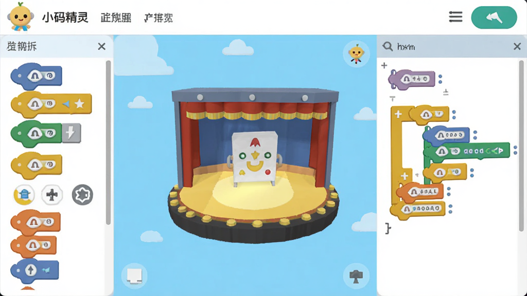 小码精灵软件主界面预览图,主体为色彩明亮的图形化编程积木区与3D舞台预览区,布局左侧为积木工具箱,右侧为代码编辑区,顶部为菜单栏和运行按钮,整体风格扁平化、清新活泼,细节包含卡通角色和流畅线条,画质高清干净,无多余元素