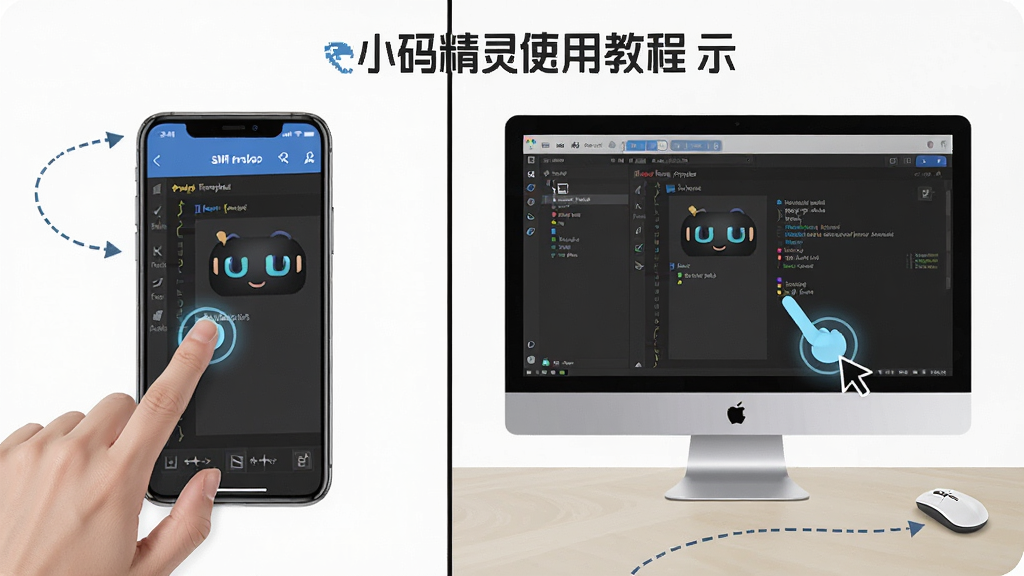 小码精灵使用教程示意图,主体为手机和电脑并排运行同一项目,布局为左右分屏,风格为写实教学风格,细节包含手指滑动和鼠标点击高亮,画质清晰,干净无多余元素