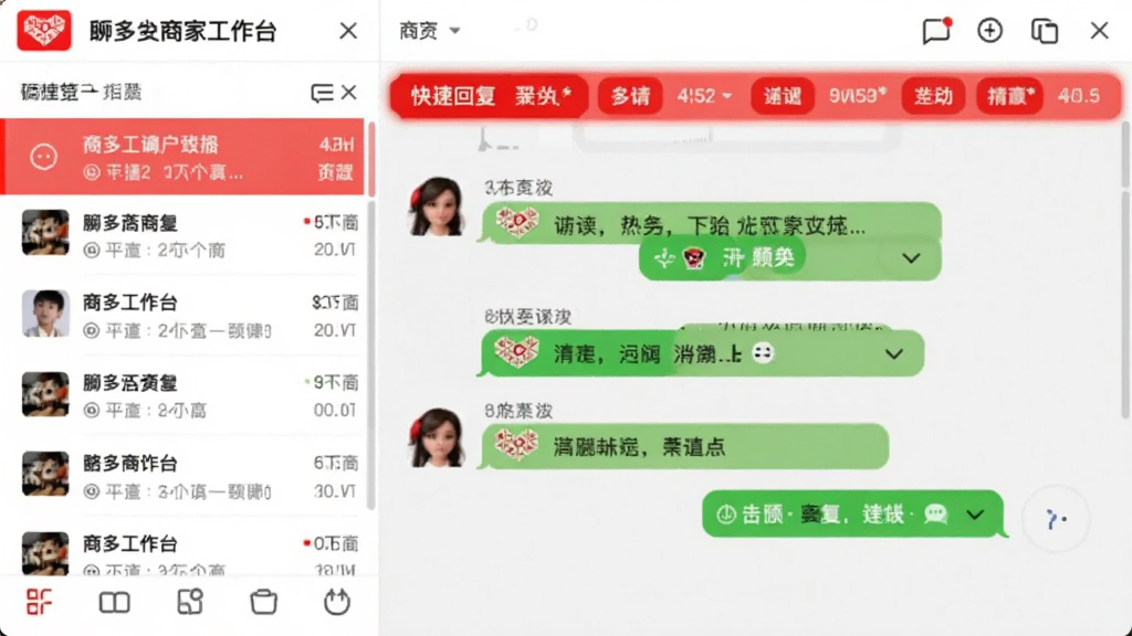 拼多多商家工作台客服聊天界面预览图,左侧为会话列表,右侧为聊天窗口,包含快捷回复栏,界面以白色为主,红色点缀,风格清新,画质干净,无多余元素