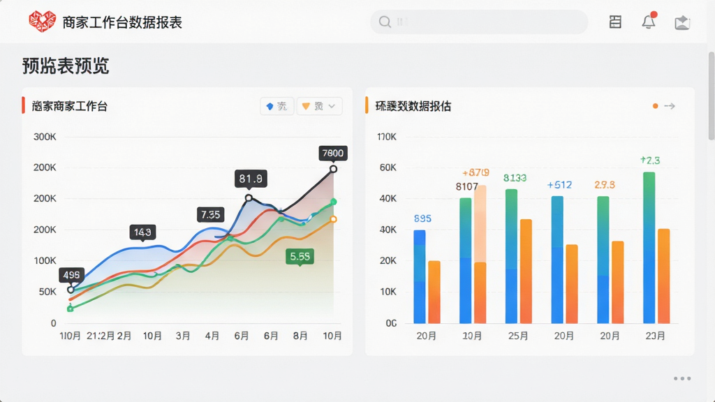 拼多多商家工作台数据报表界面预览图,展示折线图与柱状图,图表色彩鲜明,数据标签清晰,背景为浅灰色,整体风格现代简约,画质干净,无多余元素