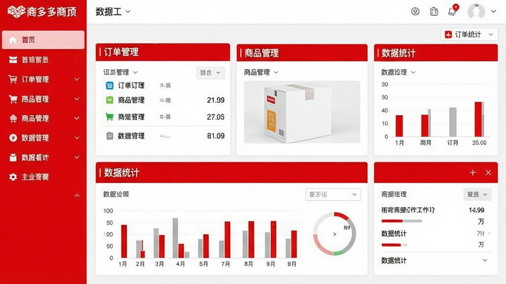 拼多多商家工作台主界面截图,展示左侧功能导航栏与中央数据看板,整体风格简洁明亮,以红色和白色为主色调,界面布局清晰,包含“订单管理”“商品管理”“数据统计”等模块,文字标签醒目,画质干净,无多余元素