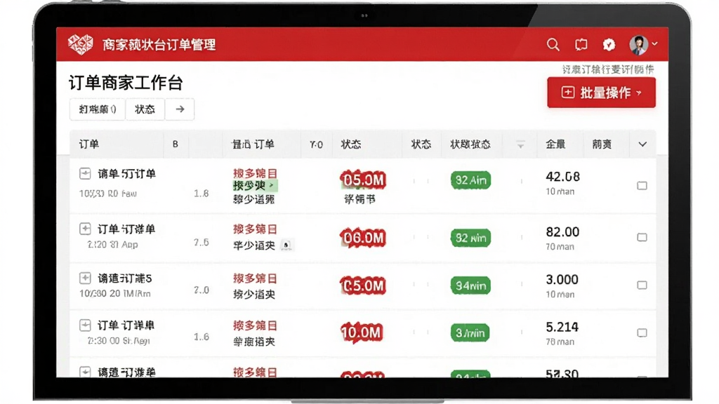 拼多多商家工作台订单管理页面预览图,展示订单列表与批量操作按钮,界面采用红白配色,订单状态标签醒目,表格排列整齐,风格专业清晰,画质干净,无多余元素