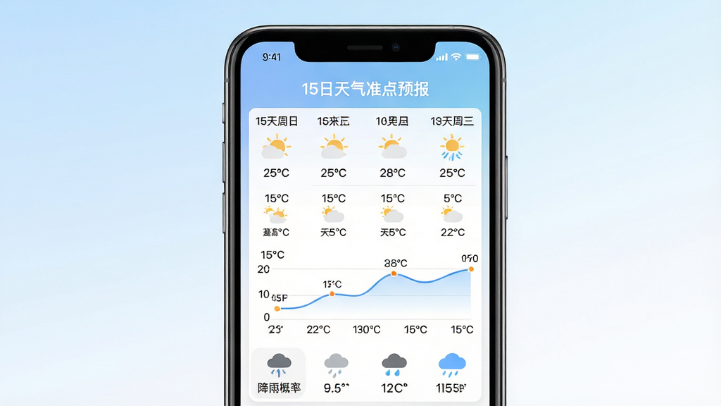 画面主体为一部智能手机屏幕正显示“15日天气准点预报”主界面,屏幕中可见未来15天天气列表、温度折线图、降雨概率图标。布局:手机居中,屏幕内容清晰展示,四周留白,背景为柔和渐变色(浅蓝到白),风格扁平化、现代感,细节包括日期、星期、最高最低温标注,画质高清、干净、无多余元素