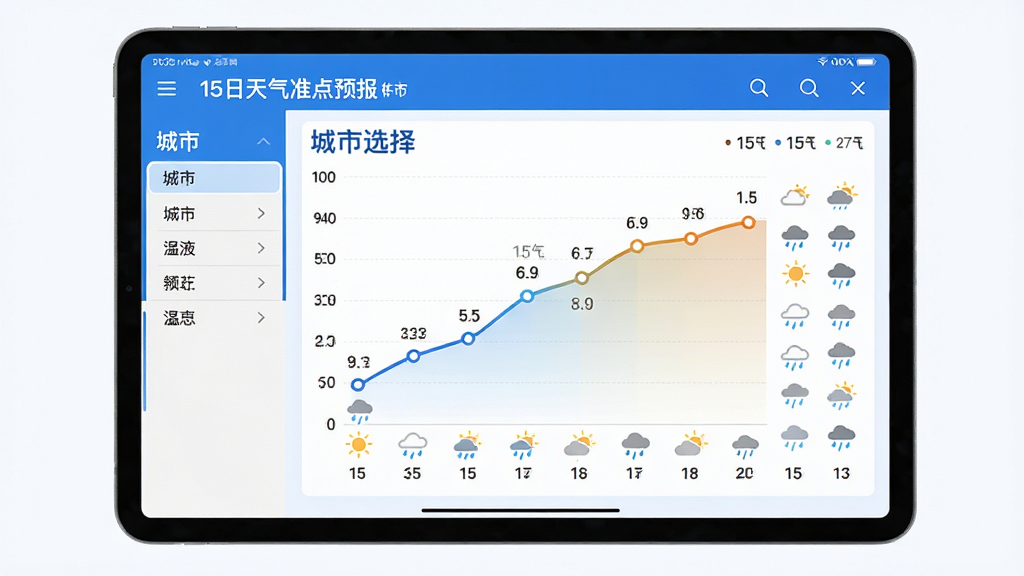画面主体为平板电脑横屏展示“15日天气准点预报”趋势图表页,左侧是城市选择栏,右侧是15天温度曲线图和天气图标排列。布局:图表居中,色彩以蓝白为主,风格简约商务,细节包含坐标轴、数据点、晴雨图标,画质干净清晰、无多余元素