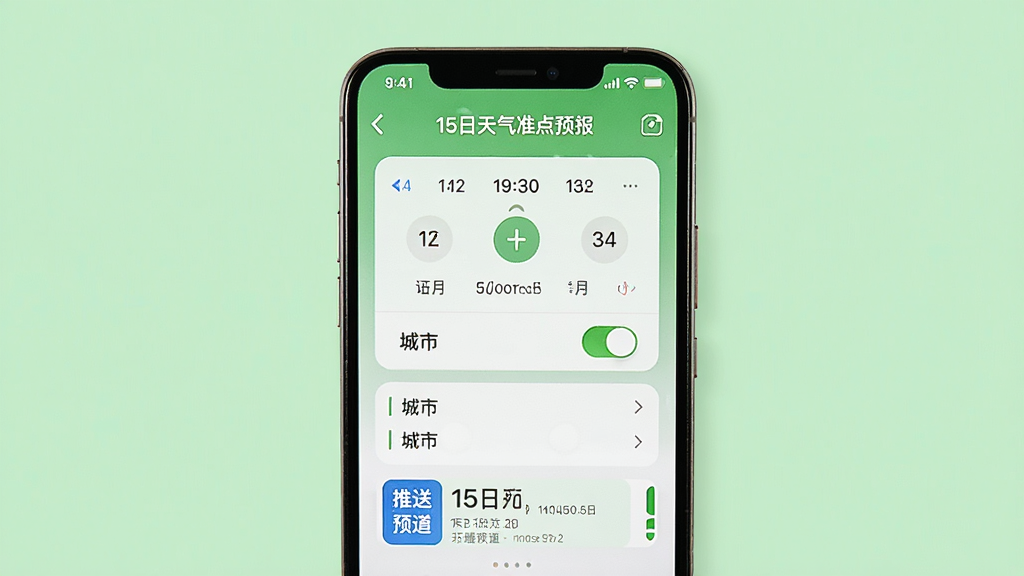 画面主体为一部手机竖屏显示“15日天气准点预报”的提醒设置页面,屏幕上可见时间选择器、开关按钮、城市列表。布局:手机居中,背景为浅绿色,风格清新,细节包括推送预览条,画质干净、无多余元素