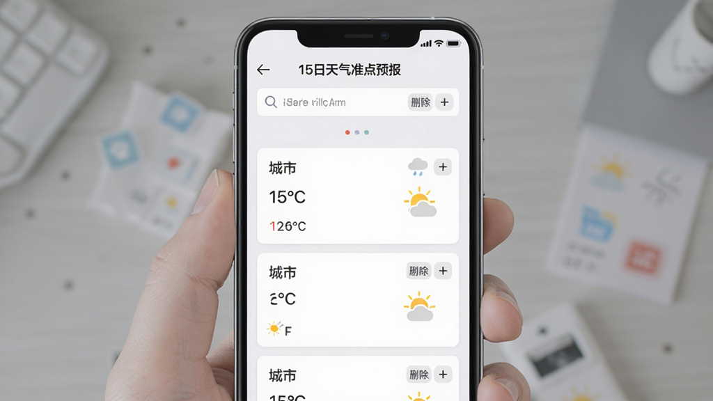 画面主体为手机应用“15日天气准点预报”的城市管理界面,上方为搜索框,下方排列多个城市卡片,每个卡片显示城市名、当前温度、天气图标。布局:卡片式纵向排列,背景淡灰色,风格清新简洁,细节包括删除/添加按钮,画质高清、无多余元素