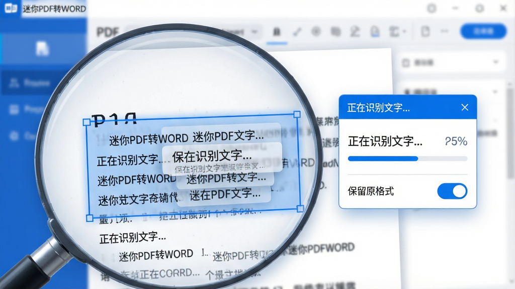 主体:“迷你PDF转WORD”软件在后台运行OCR识别任务的放大特写。布局:前景是一页扫描的PDF文档,文字区域被高亮蓝色框选中,旁边悬浮着软件的小型识别状态面板。排版:面板显示“正在识别文字...”和进度百分比,文字下方有“保留原格式”的开关选项。风格:科技感与商务感结合,色调以蓝白为主。细节:识别出的文字以浮层形式半透明地覆盖在原文上方,清晰可辨,背景是模糊的软件主界面。画质:高清渲染,细节丰富,干净无多余元素。
