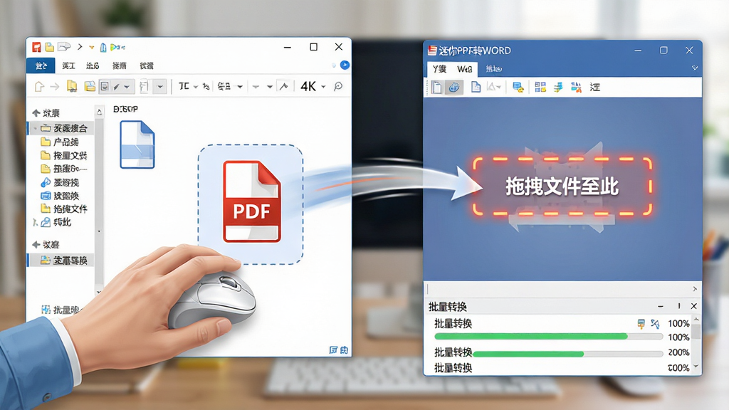 主体:一只手将鼠标拖拽一个PDF文件图标到电脑屏幕上的“迷你PDF转WORD”软件窗口中。布局:画面左侧是资源管理器窗口,右侧是软件主界面,中间有虚线框的拖拽区域。排版:拖拽动作有动态轨迹线示意,软件界面中的“拖拽文件至此”区域高亮闪烁。风格:写实与插画结合风格,色彩明亮。细节:PDF文件图标上带有“PDF”字样,软件窗口下方有“批量转换”的进度列表,背景是模糊的办公桌面。画质:4K高清,画面干净,无多余元素。