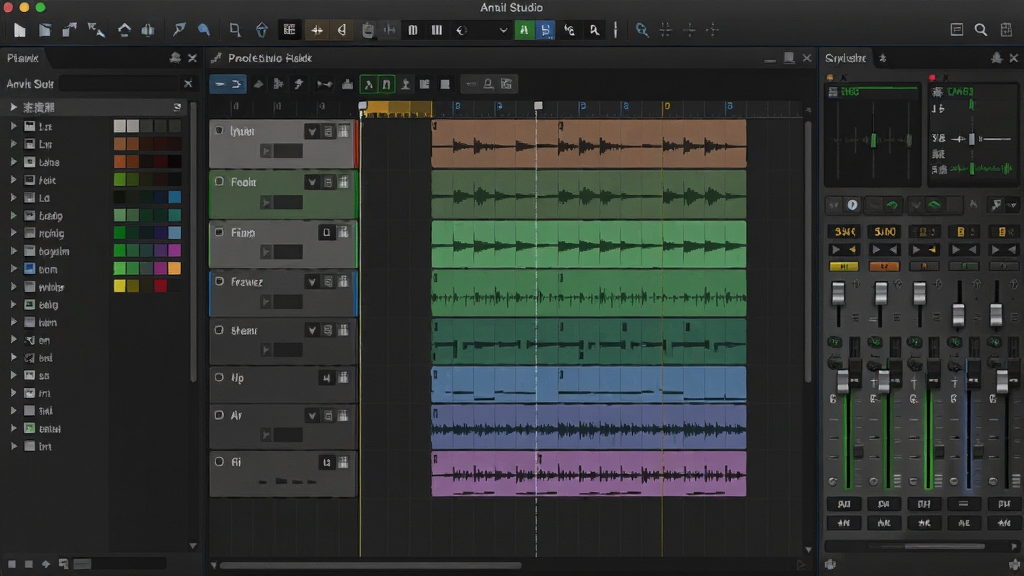Anvil Studio 音乐编曲软件主界面预览图,深色主题,中央为多轨音序编辑窗口,左侧是乐器与音色库面板,右侧为混音控制台,顶部工具栏清晰,整体布局专业整洁,画质干净,无多余元素