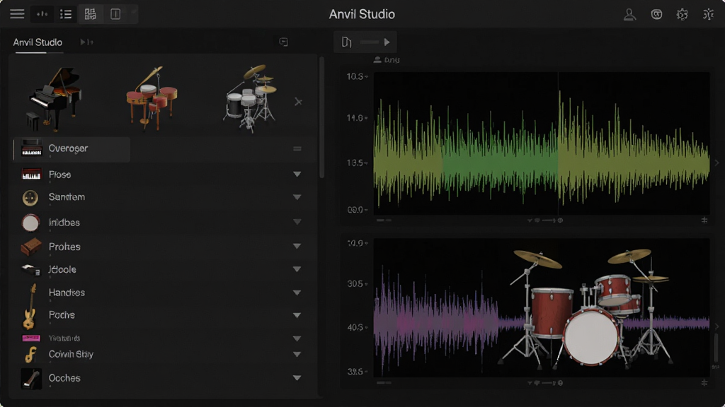 Anvil Studio 虚拟乐器音色库界面,展示音色列表与波形预览,钢琴、鼓组等乐器图标,界面简洁,深色背景,画质干净,无多余元素