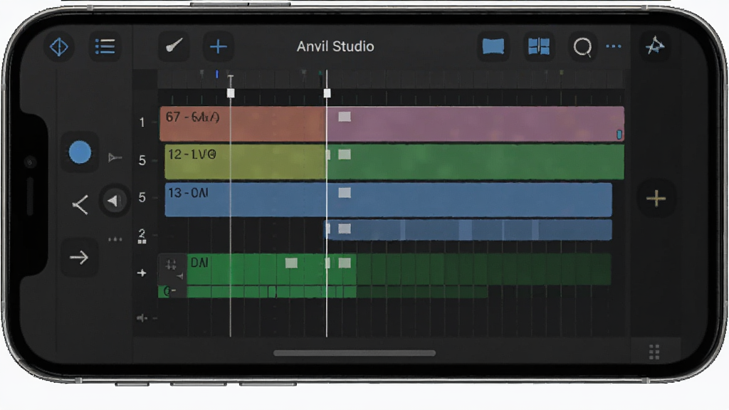 Anvil Studio 移动端操作界面,手机屏幕显示多轨编辑,触控操作,界面简洁,画质干净,无多余元素