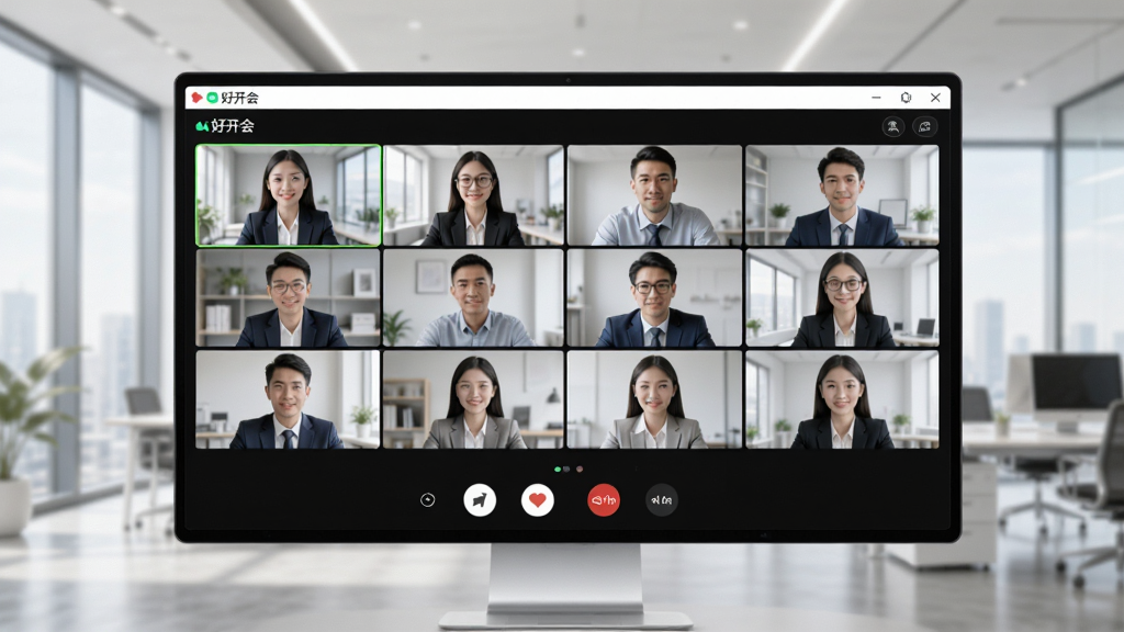 高清视频会议界面,屏幕上显示“好开会”软件界面,多人视频通话窗口排列整齐,背景为现代办公室,界面清爽简洁,科技感强,画质清晰,光线明亮,无多余元素