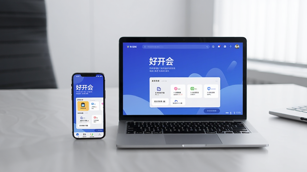 手机和电脑并排摆放,屏幕上都显示“好开会”应用界面,背景是简洁的办公桌,画面清晰,构图平衡,风格写实,光线自然,无多余元素
