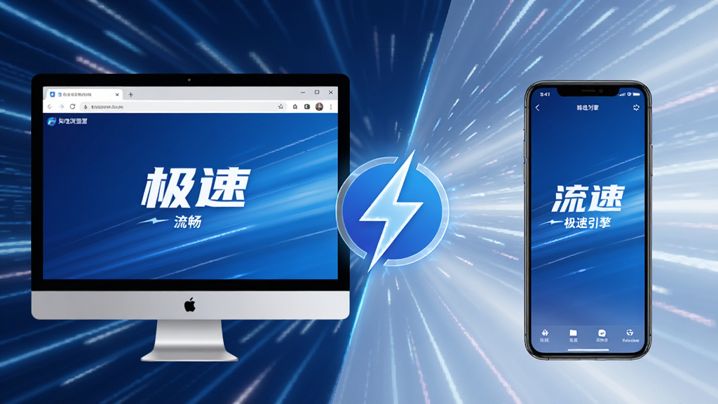 知也浏览器极速引擎功能展示图,画面左侧为电脑端浏览器界面,右侧为手机端界面,中间用闪电图标连接,背景为动态速度线条,整体采用科技蓝与白色配色,排版上左右对称,风格现代简洁,突出“极速”与“流畅”概念,画面干净无多余元素