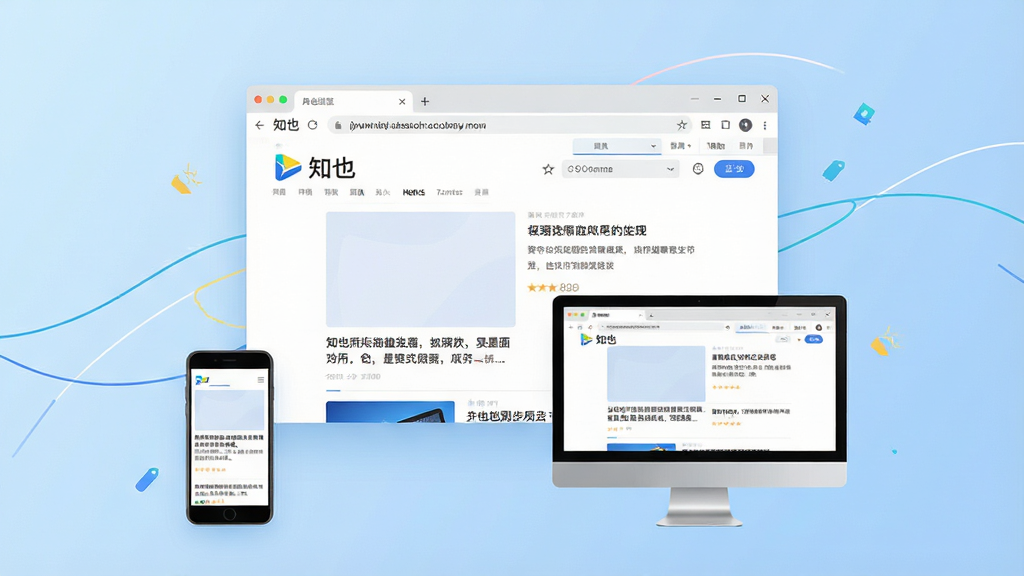 一张现代简约风格的知也浏览器产品主视觉图,画面中央是浏览器主界面悬浮在浅蓝色渐变背景上,界面展示一个干净的新闻资讯页面,地址栏与标签栏清晰可见,下方有手机端与电脑端设备同步展示,整体布局左右对称,排版简洁大气,采用扁平化设计风格,细节包含浏览器logo“知也”字样与流畅的线条装饰,画质高清干净,无多余元素