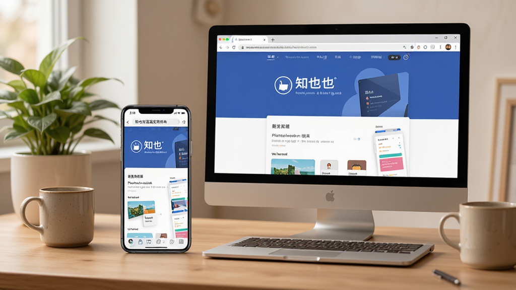 知也浏览器使用指南场景图,画面展示一部手机和一台电脑并排放置,屏幕上同时显示知也浏览器界面,背景为温馨的室内工作台,有绿植和咖啡杯点缀,整体色调柔和,排版自然,风格写实清晰,突出多设备协同使用场景,画质干净无多余元素