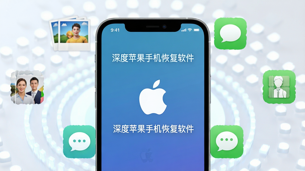 主体:一部iPhone手机屏幕显示数据恢复成功界面,周围环绕着照片、短信、通讯录等图标,布局:居中构图,手机置于视觉中心,图标环绕分布,排版:简洁直观,突出手机与数据元素,风格:现代科技感,明亮通透,细节:屏幕上有“深度苹果手机恢复软件”字样,画质:高清渲染,干净无多余元素