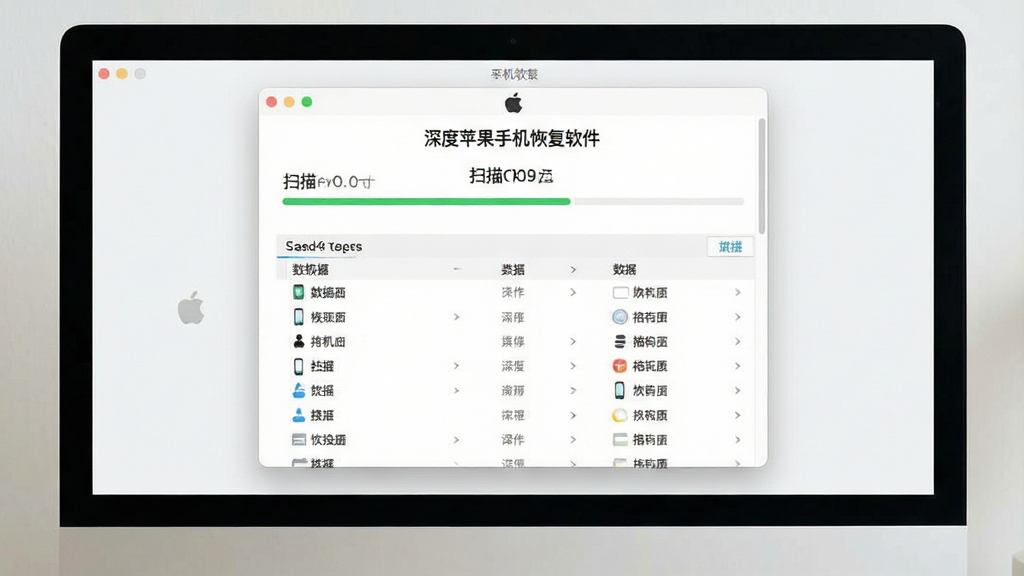 主体:电脑屏幕显示深度苹果手机恢复软件的操作界面,正在扫描手机数据,布局:居中构图,界面占据画面主体,排版:清晰显示扫描进度条与数据分类列表,风格:简约实用,浅色背景,细节:界面顶部有“深度苹果手机恢复软件”标题,画质:清晰锐利,干净无多余元素