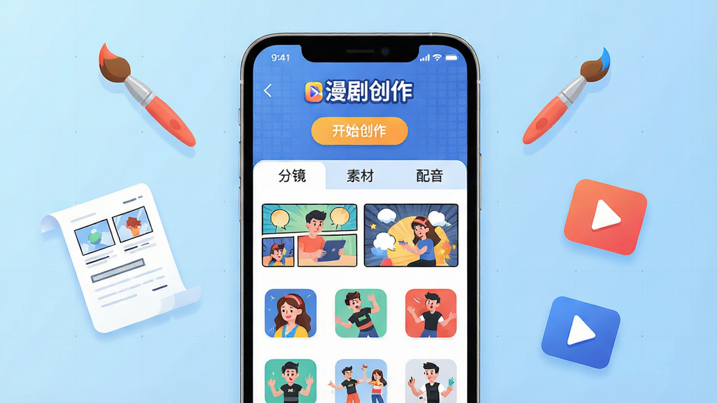 主体:一部智能手机屏幕显示漫剧创作软件主界面,界面中有多个漫画分镜模板和动态角色素材库。布局:手机居中,屏幕内容清晰可见,背景为淡蓝色渐变,周围漂浮着画笔、分镜脚本、播放按钮等元素。排版:手机屏幕内展示“漫剧创作”Logo和“开始创作”按钮,下方排列整齐的素材图标。风格:现代扁平化插画风,色彩明亮活泼,突出创作氛围。细节:屏幕上有“分镜”“素材”“配音”三个选项卡,背景有细微的网格纹理。画质:4K超清,干净,无多余元素。