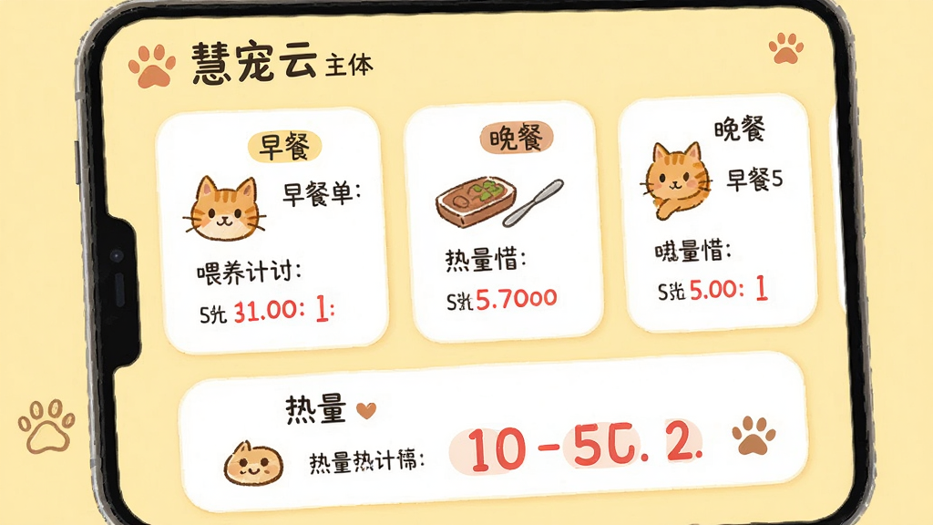 主体:慧宠云应用的喂养计划页面,页面中显示一只橘猫的每日餐单和热量计算器。布局:餐单以卡片形式排列,热量计算器位于底部。排版:卡片圆角设计,信息层次分明。风格:温馨可爱风,背景为淡黄色,图标为手绘风格。细节:卡片上有“早餐”“晚餐”标签,热量数字用红色标出。画质:高清,干净,无多余元素。