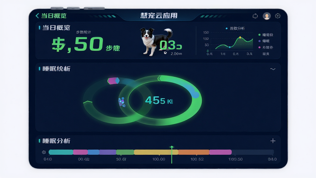 主体:慧宠云应用的活动监测页面,页面中显示一只边牧犬的步数统计和睡眠分析。布局:顶部为当日概览,中部为环形图表,底部为时间轴。排版:图表色彩鲜艳,数据直观。风格:科技感风格,背景为深蓝色,图表为荧光绿。细节:步数数字加大显示,睡眠段用不同颜色区分。画质:高清,干净,无多余元素。