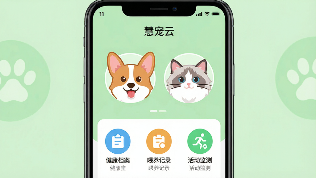 主体:手机屏幕展示慧宠云应用主界面,界面中有一只可爱的柯基犬和一只布偶猫的卡通头像,下方显示“健康档案”“喂养记录”“活动监测”三个功能图标。布局:手机居中,界面清晰,图标排列整齐。排版:图标下方配有小字说明,整体简洁。风格:扁平化设计,色彩明快,背景为柔和的浅绿色。细节:屏幕中可以看到“慧宠云”字样,宠物头像表情生动。画质:高清,干净,无多余元素。