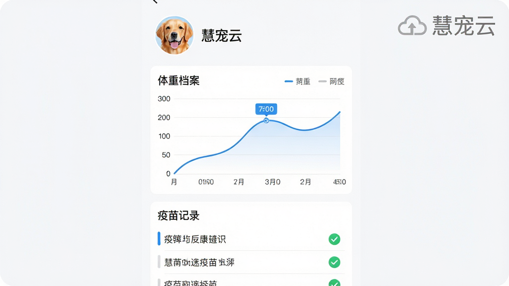 主体:慧宠云应用的健康档案页面,页面中显示一只金毛犬的体重曲线图和疫苗记录列表。布局:页面顶部为宠物头像和名字,中部为图表,底部为记录列表。排版:图表清晰,数据标签明确。风格:简约医疗风格,背景为白色,图表线条为蓝色。细节:页面右上角有“慧宠云”水印,疫苗记录带有绿色对勾。画质:高清,干净,无多余元素。